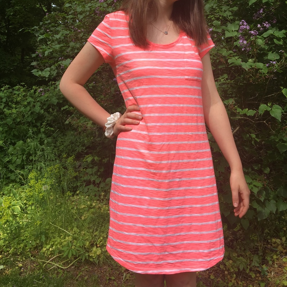 Pink and White Striped Summer Dress Wide Neck